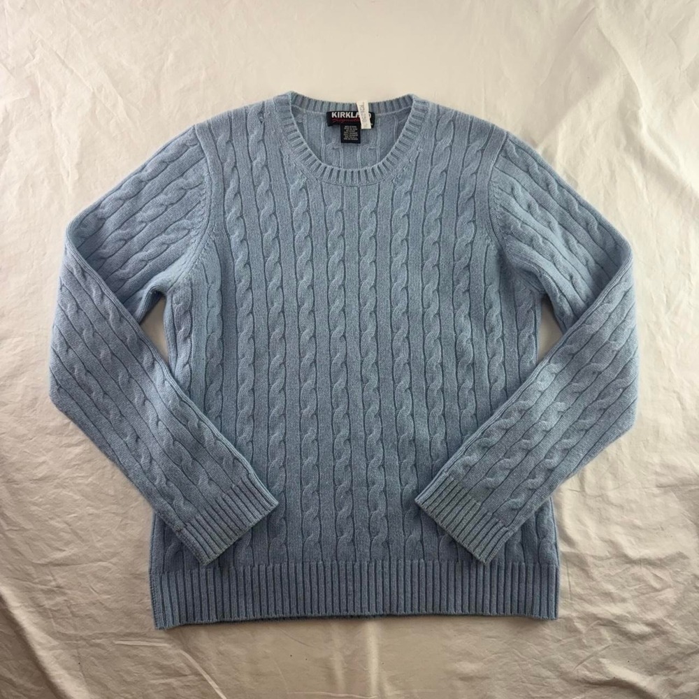 Kirkland Signature Cable Knit 100% Cashmere Crewneck Sweater Blue Womens L